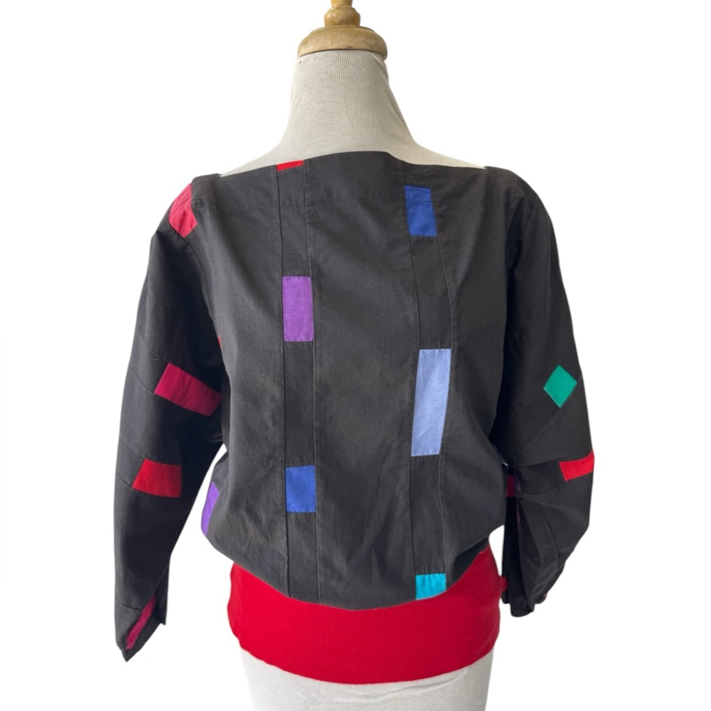 Vtg Black Multi Quilted Patchwork Mexican Peasant Top Sz M Boho Southwestern EUC
